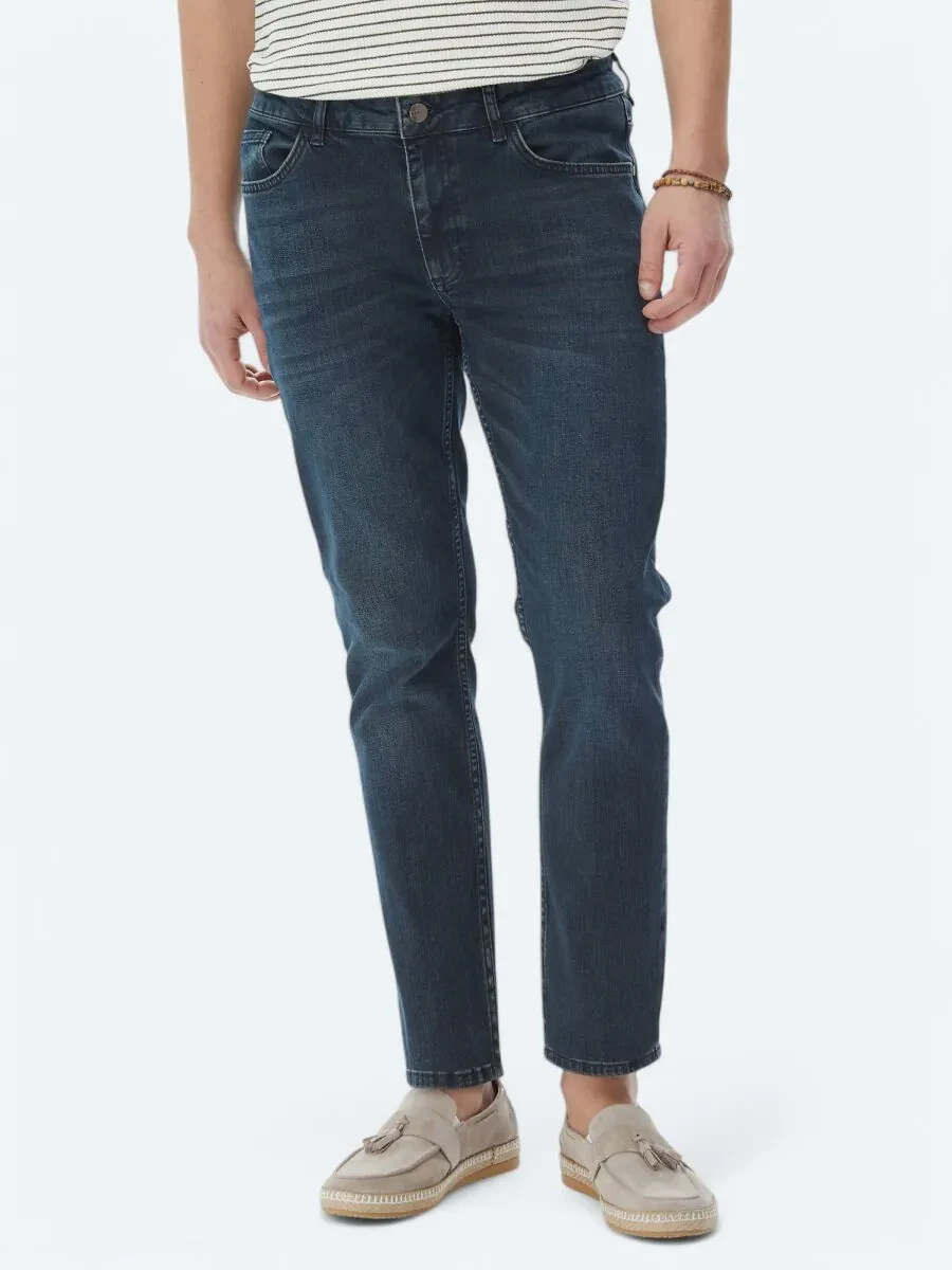 Navy Blue Slim Fit Denim Cotton Blended Trousers - 2