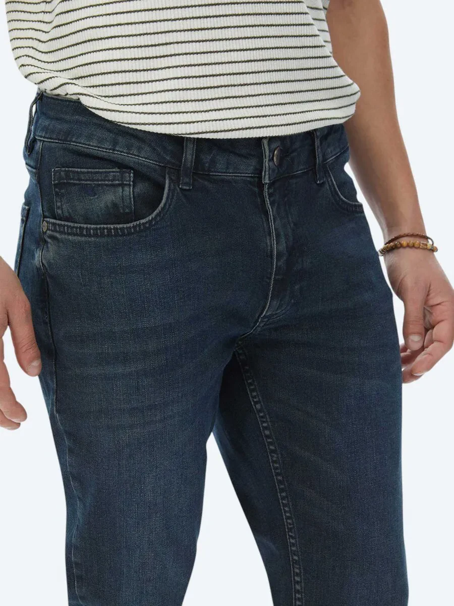 Navy Blue Slim Fit Denim Cotton Blended Trousers - 4