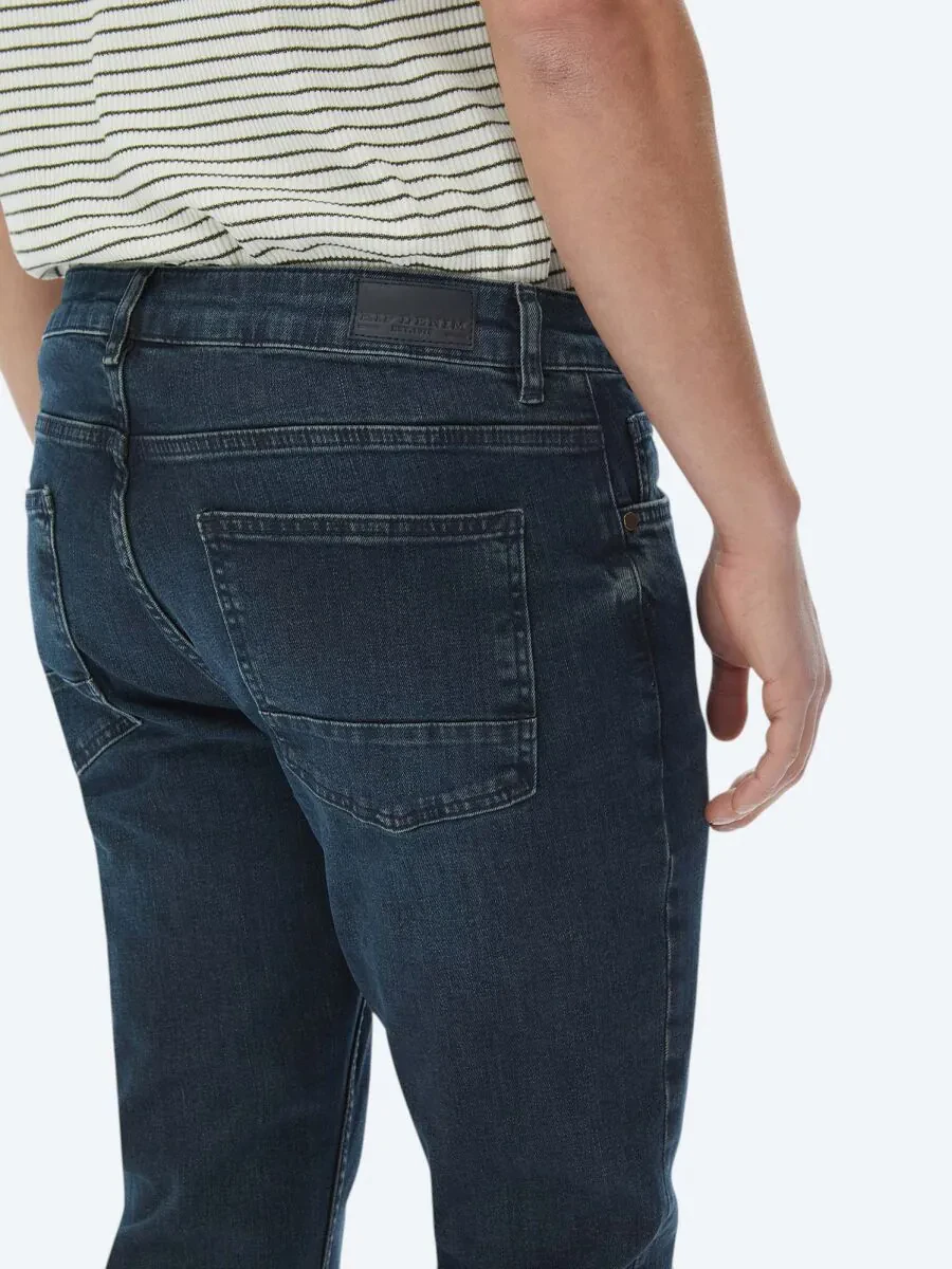 Navy Blue Slim Fit Denim Cotton Blended Trousers - 5