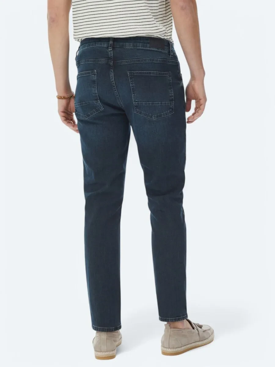 Navy Blue Slim Fit Denim Cotton Blended Trousers - 6