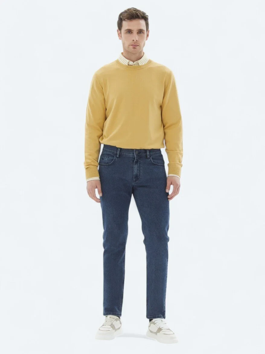 Navy Blue Slim Fit Denim Cotton Blended Trousers - 1