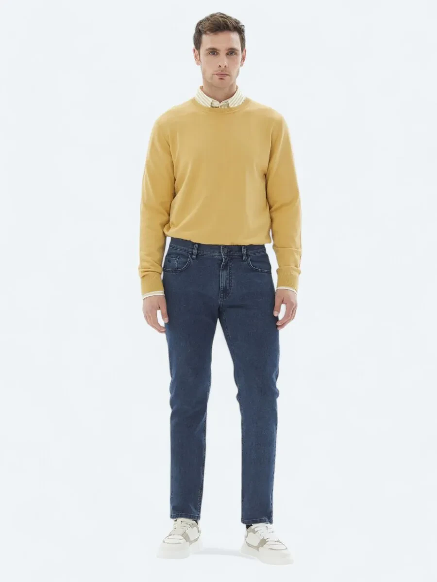 Navy Blue Slim Fit Denim Cotton Blended Trousers - 1