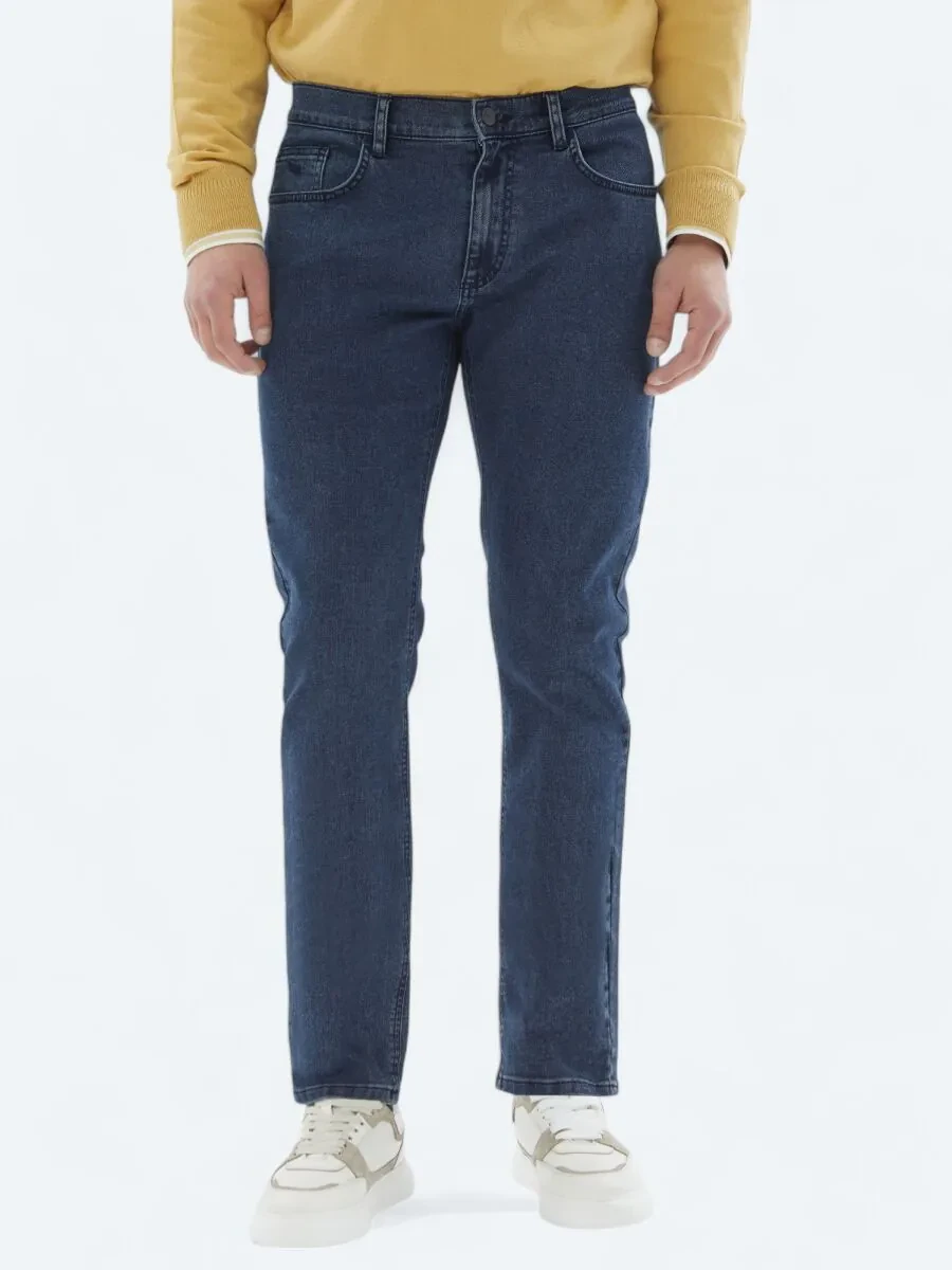 Navy Blue Slim Fit Denim Cotton Blended Trousers - 2