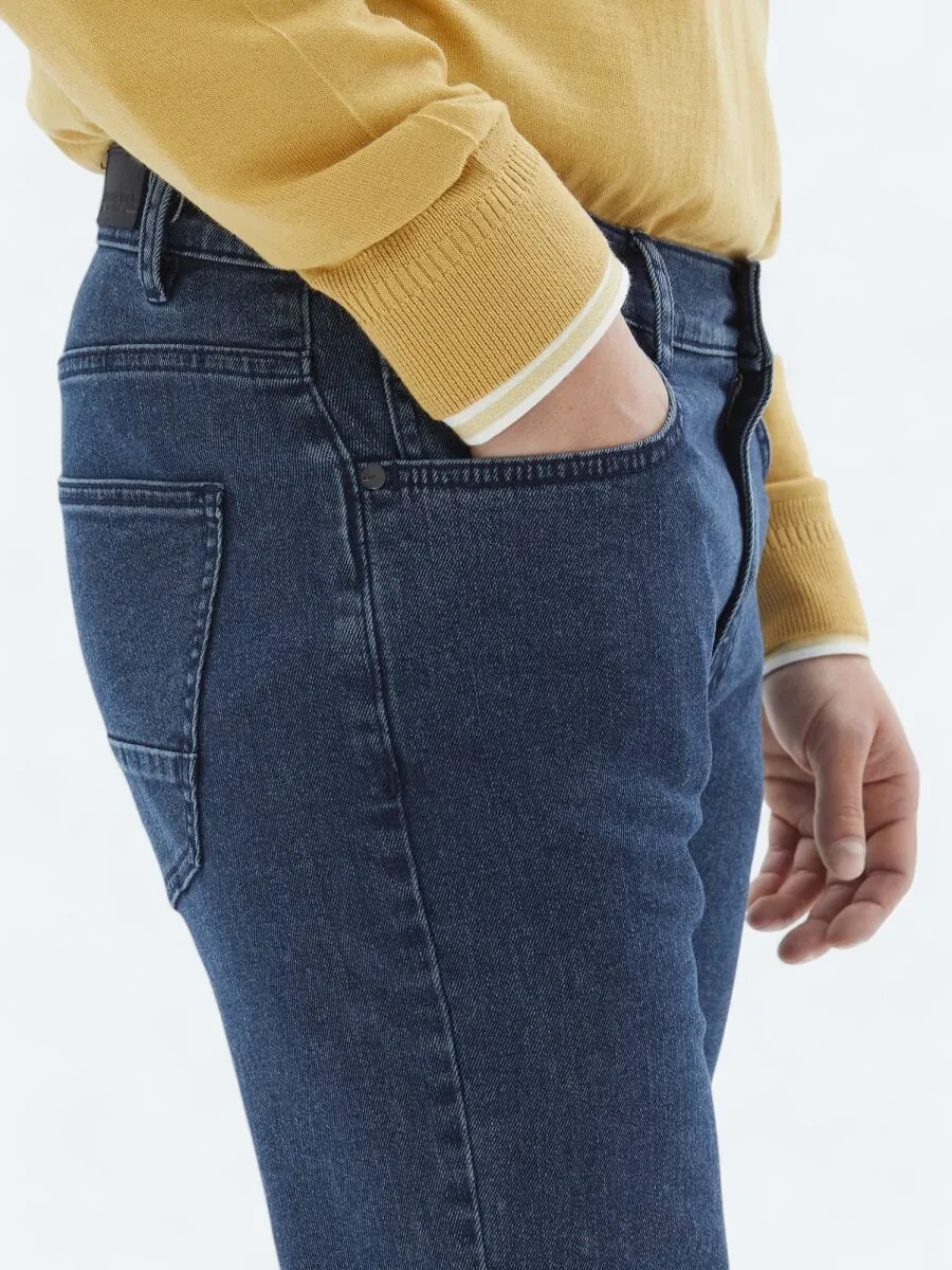 Navy Blue Slim Fit Denim Cotton Blended Trousers - 3