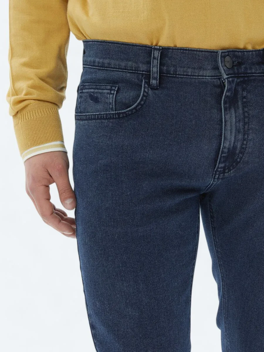 Navy Blue Slim Fit Denim Cotton Blended Trousers - 4