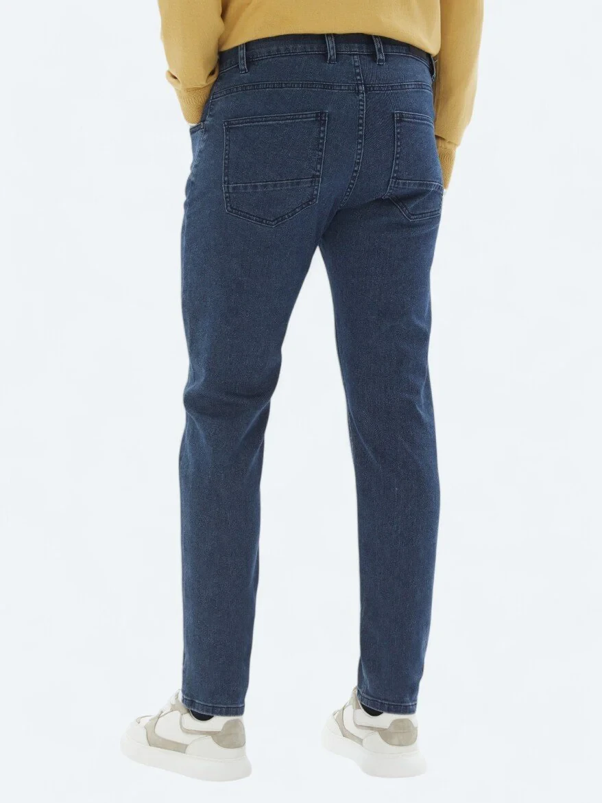 Navy Blue Slim Fit Denim Cotton Blended Trousers - 5