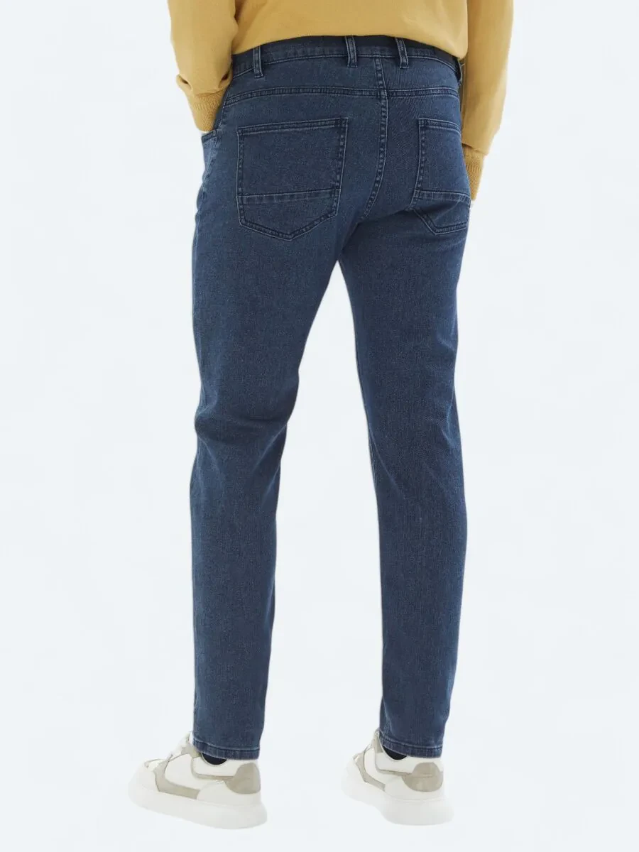 Navy Blue Slim Fit Denim Cotton Blended Trousers - 5