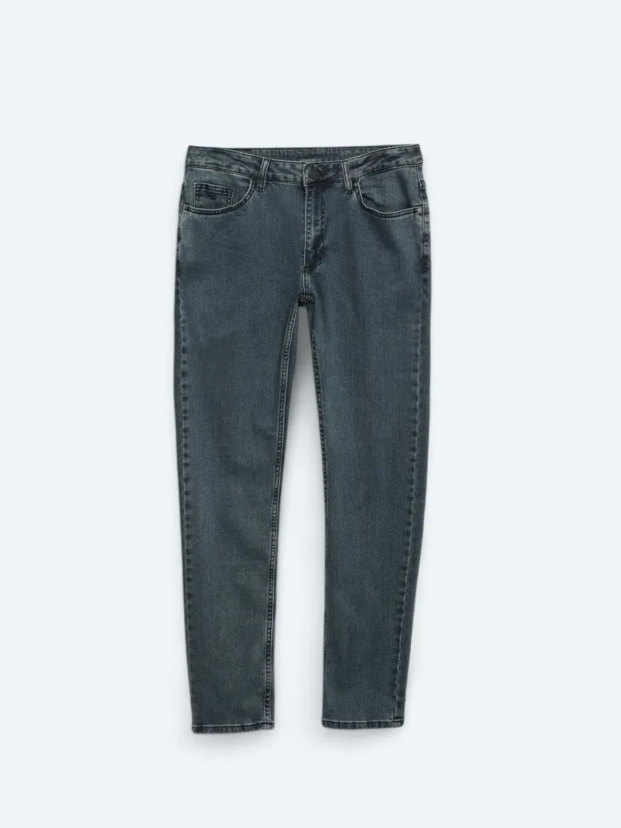 Navy Blue Slim Fit Denim Cotton Blended Trousers - 6