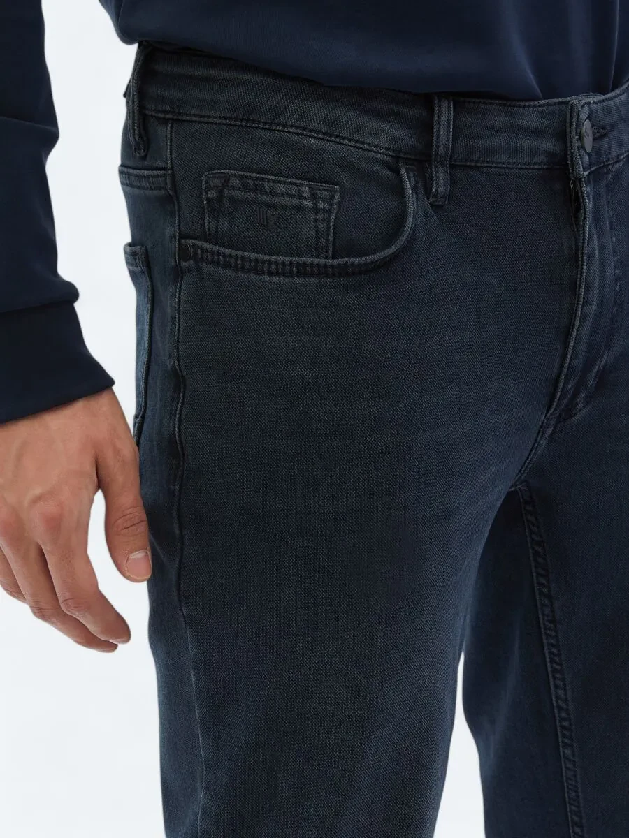 Navy Blue Slim Fit Denim Cotton Blended Trousers - 3