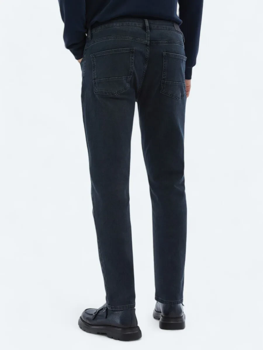 Navy Blue Slim Fit Denim Cotton Blended Trousers - 5