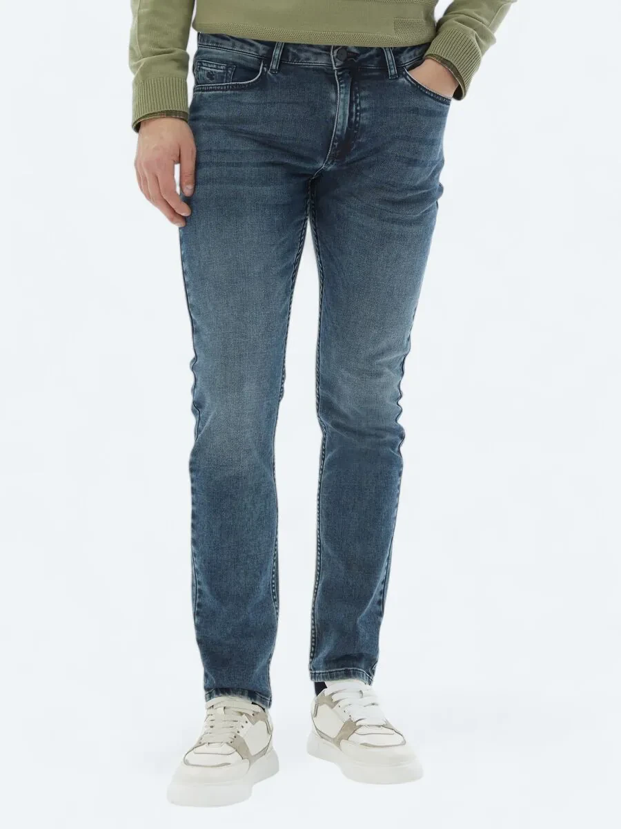 Navy Blue Slim Fit Denim Cotton Blended Trousers - 1