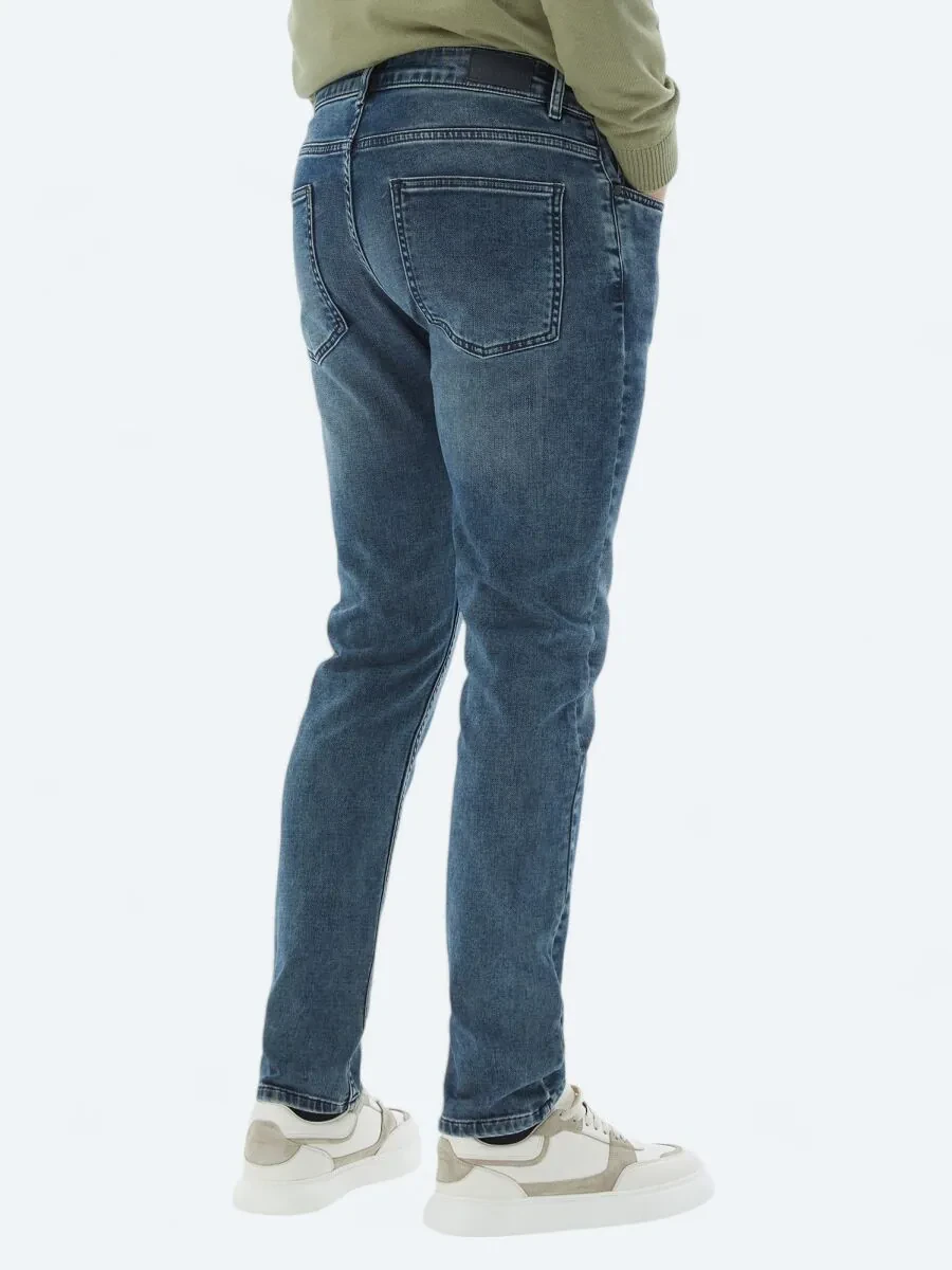 Navy Blue Slim Fit Denim Cotton Blended Trousers - 4