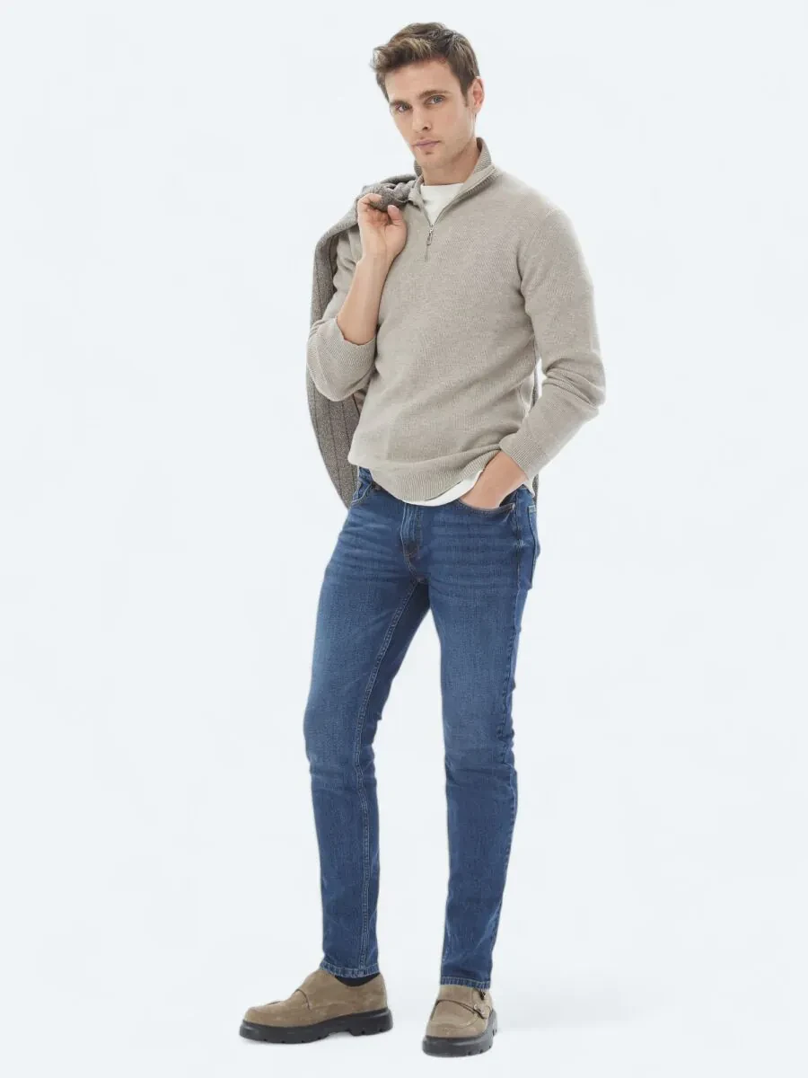 Navy Blue Slim Fit Denim Cotton Blended Trousers - 1