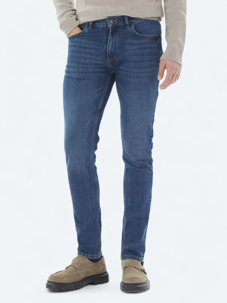 Navy Blue Slim Fit Denim Cotton Blended Trousers - 2