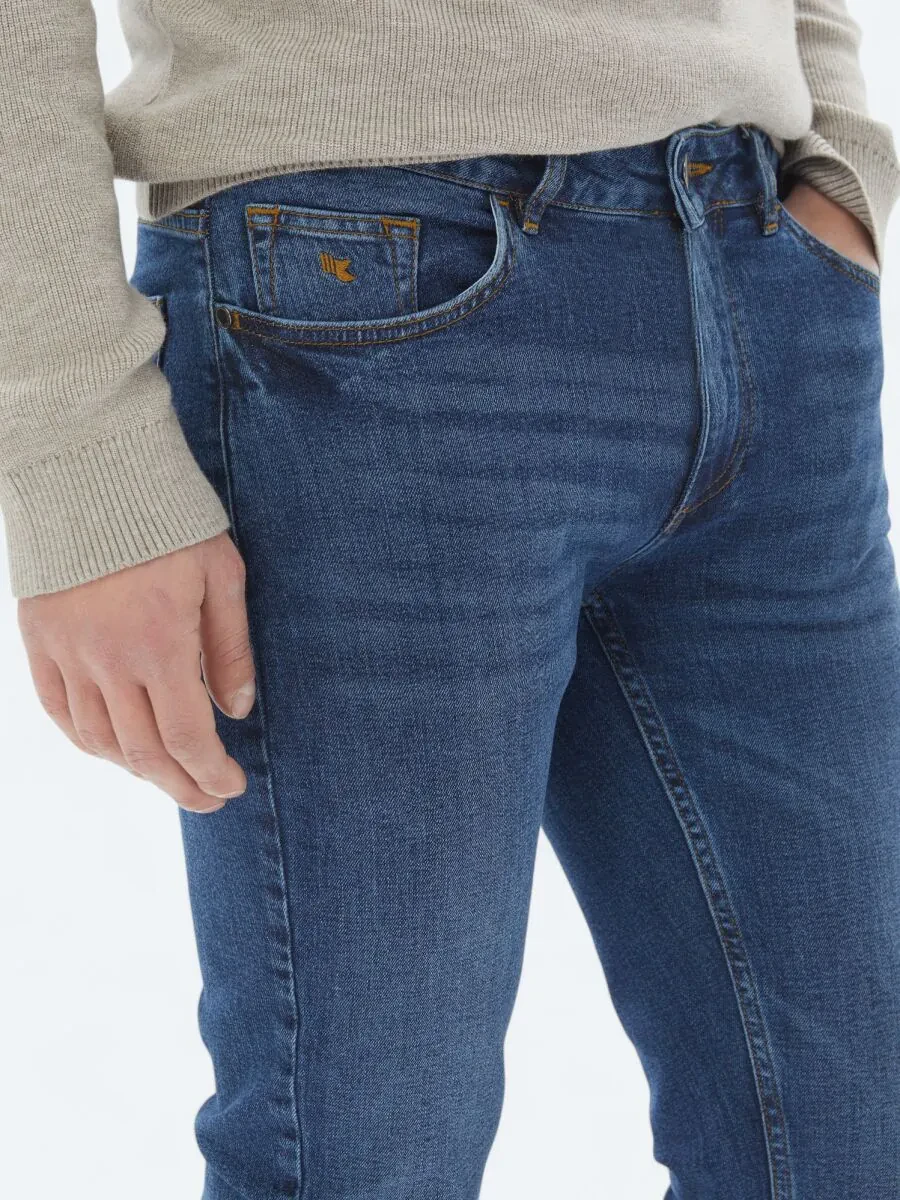 Navy Blue Slim Fit Denim Cotton Blended Trousers - 3