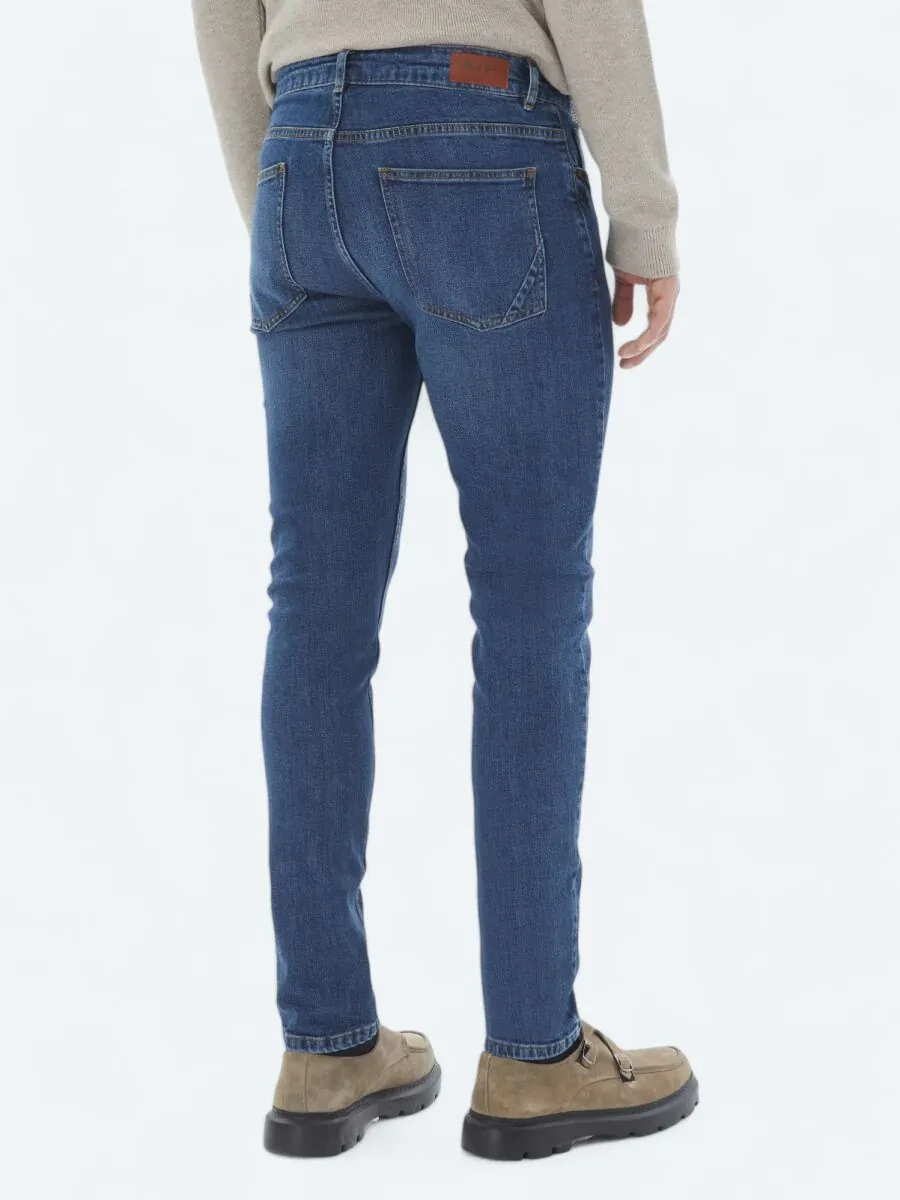 Navy Blue Slim Fit Denim Cotton Blended Trousers - 5