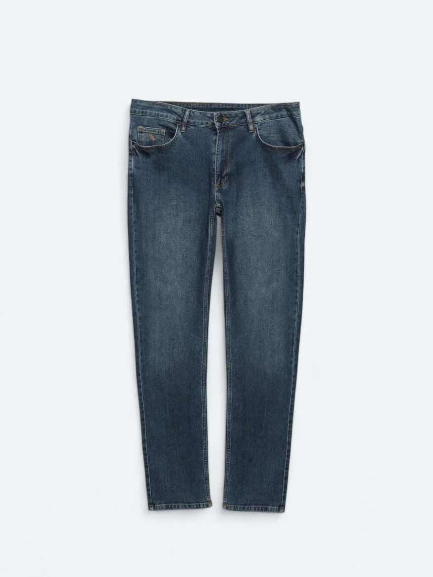 Navy Blue Slim Fit Denim Cotton Blended Trousers - 6