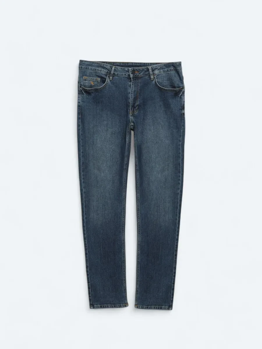 Navy Blue Slim Fit Denim Cotton Blended Trousers - 6