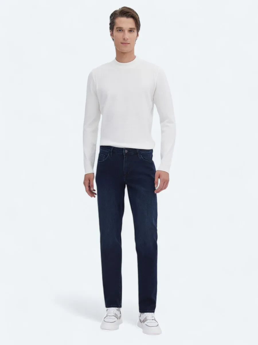 Navy Blue Slim Fit Denim Cotton Blended Trousers - 1