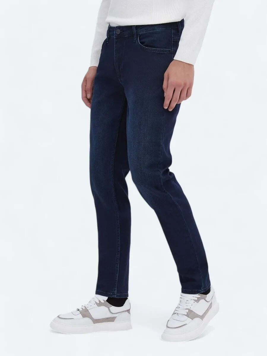 Navy Blue Slim Fit Denim Cotton Blended Trousers - 2