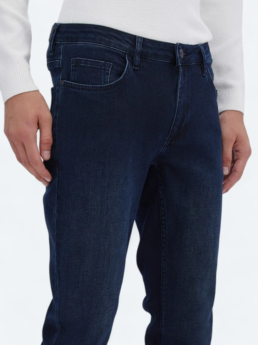 Navy Blue Slim Fit Denim Cotton Blended Trousers 