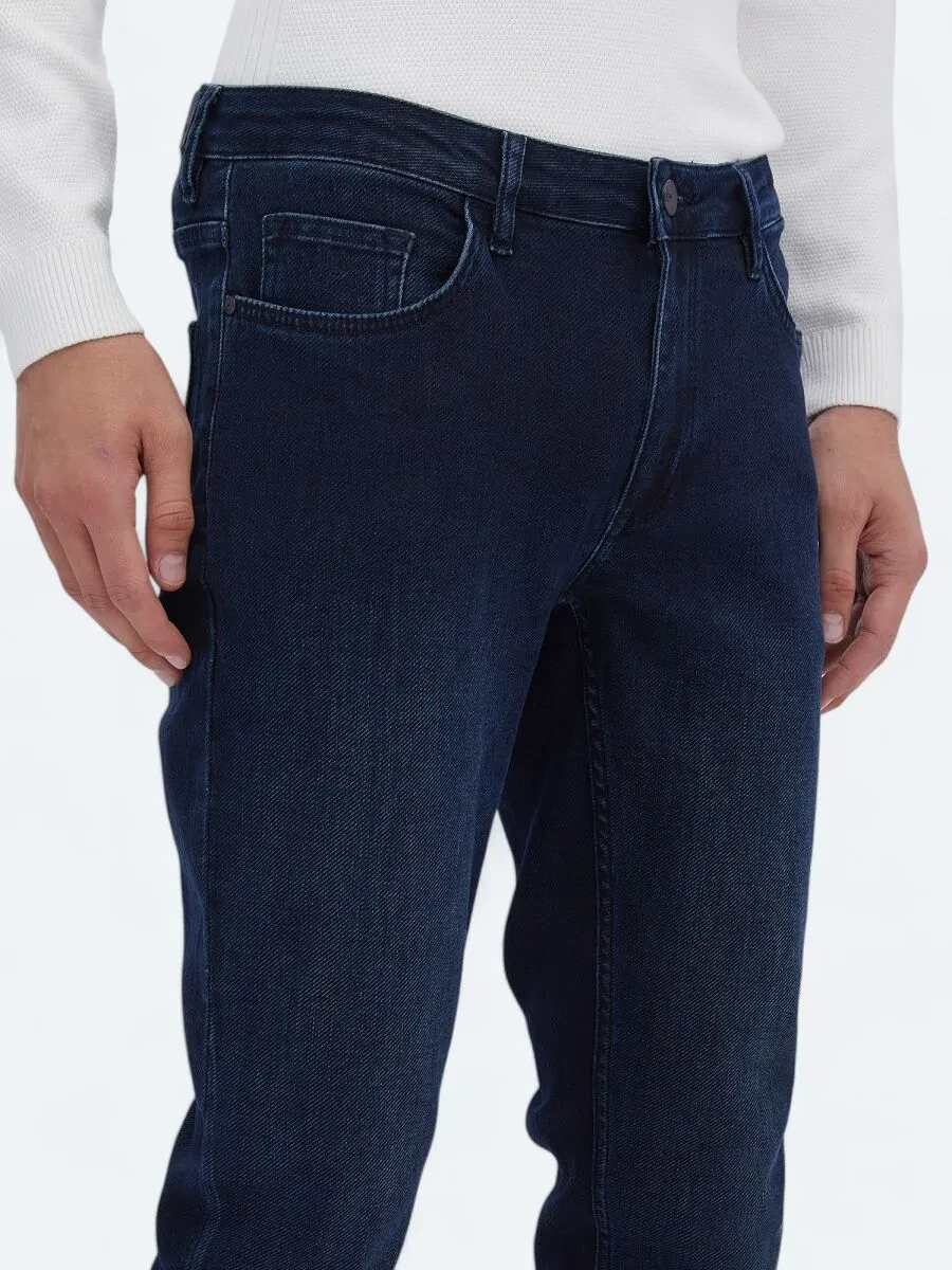 Navy Blue Slim Fit Denim Cotton Blended Trousers - 4