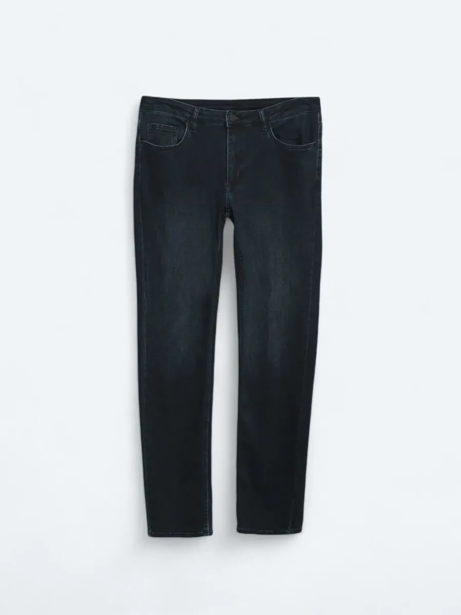 Navy Blue Slim Fit Denim Cotton Blended Trousers - 6