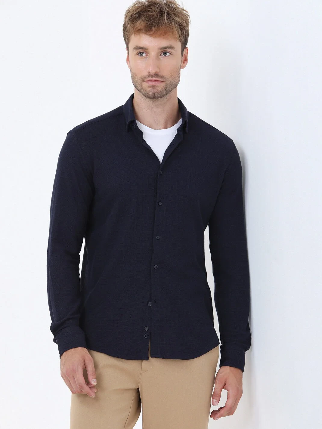 Navy Blue Slim Fit Knitting Casual Cotton Blended Shirt - 1