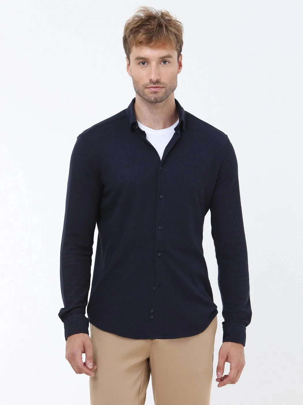 Navy Blue Slim Fit Knitting Casual Cotton Blended Shirt - 2