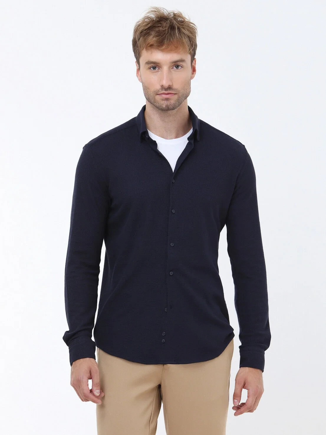 Navy Blue Slim Fit Knitting Casual Cotton Blended Shirt - 2