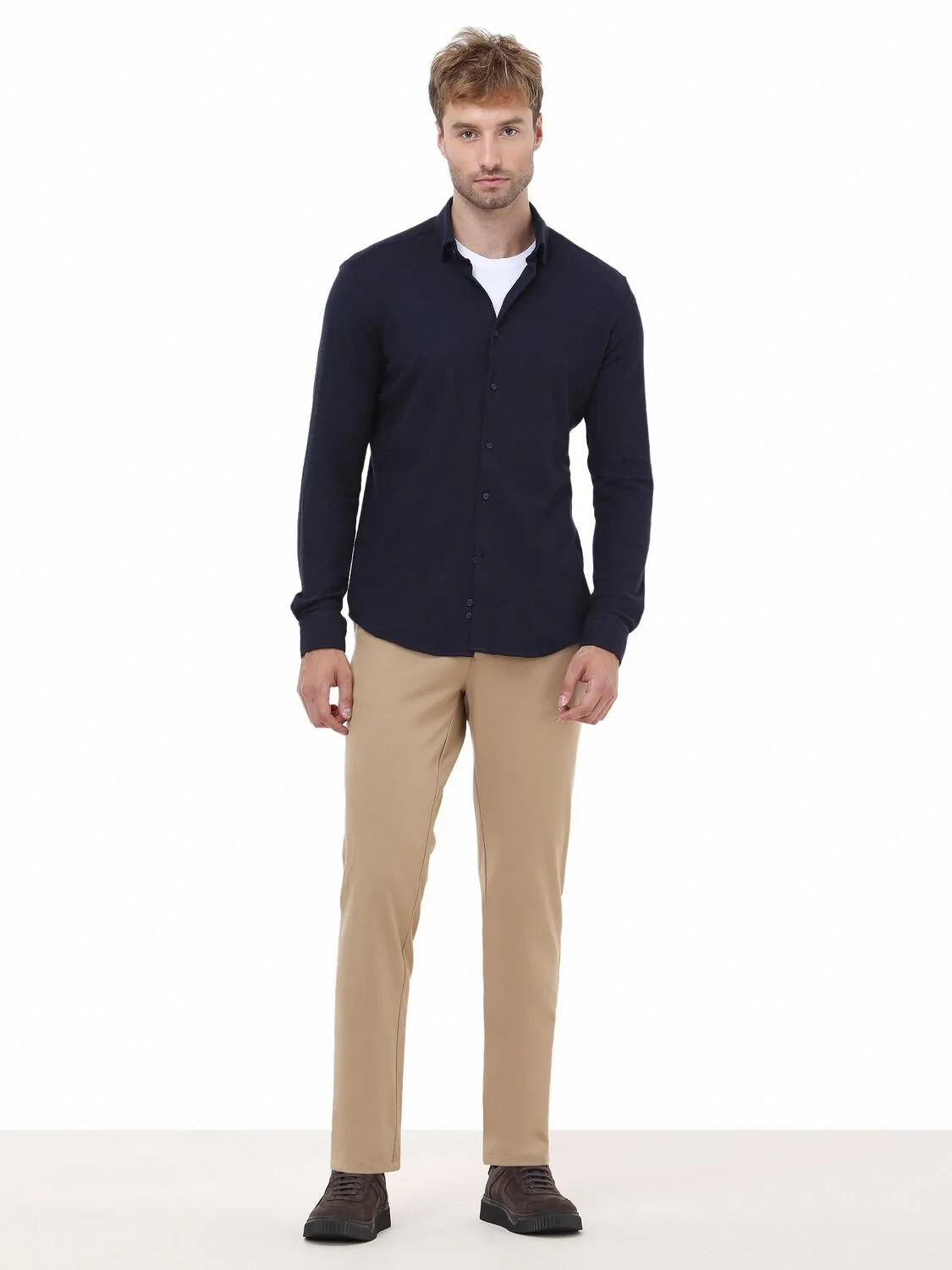 Navy Blue Slim Fit Knitting Casual Cotton Blended Shirt - 3