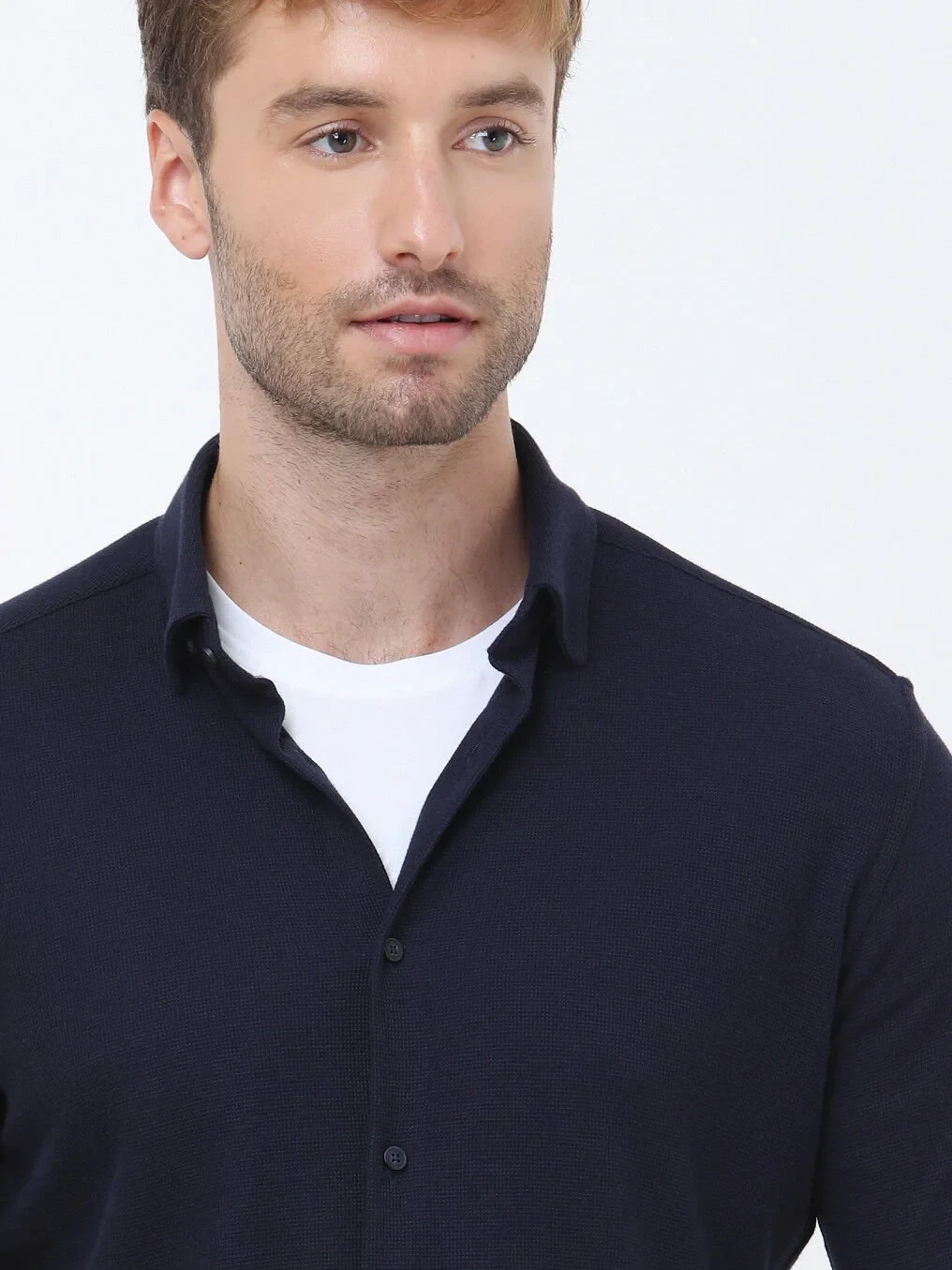 Navy Blue Slim Fit Knitting Casual Cotton Blended Shirt - 4