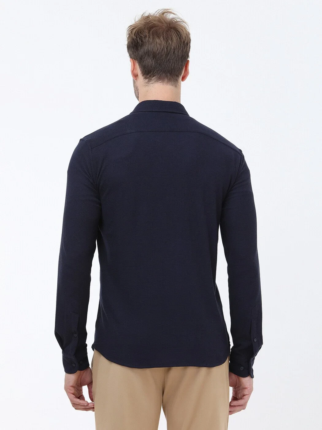 Navy Blue Slim Fit Knitting Casual Cotton Blended Shirt - 5
