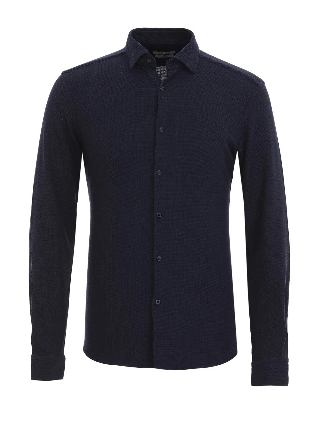 Navy Blue Slim Fit Knitting Casual Cotton Blended Shirt - 6