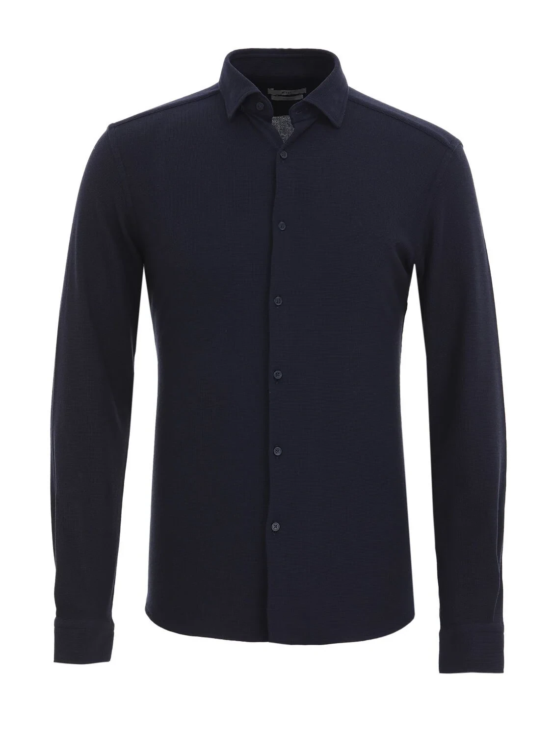 Navy Blue Slim Fit Knitting Casual Cotton Blended Shirt - 6
