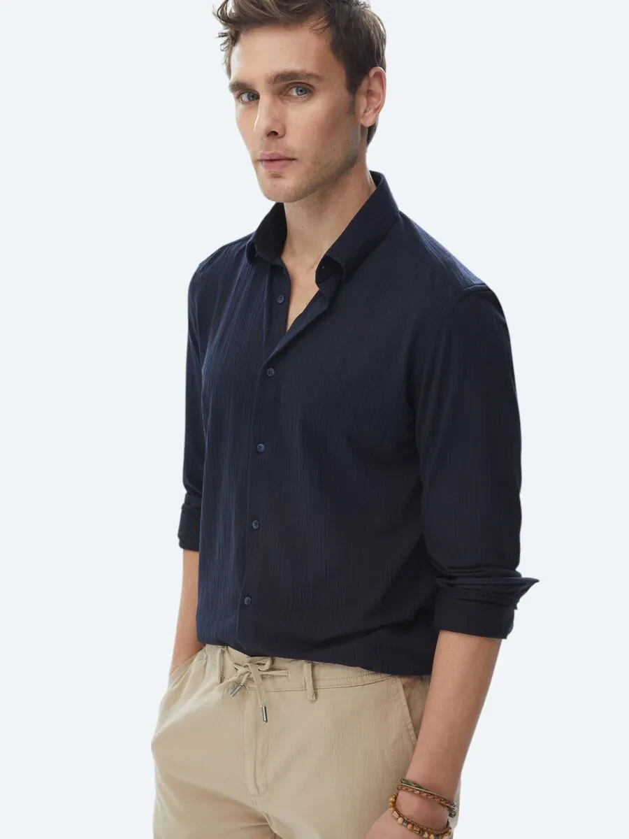Navy Blue Slim Fit Knitting Sport Shirt - 1