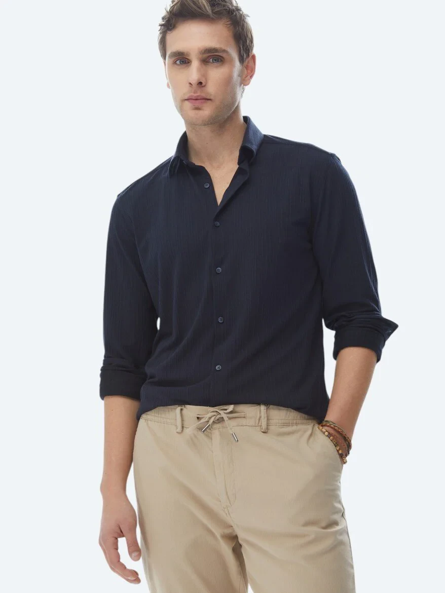 Navy Blue Slim Fit Knitting Sport Shirt - 2