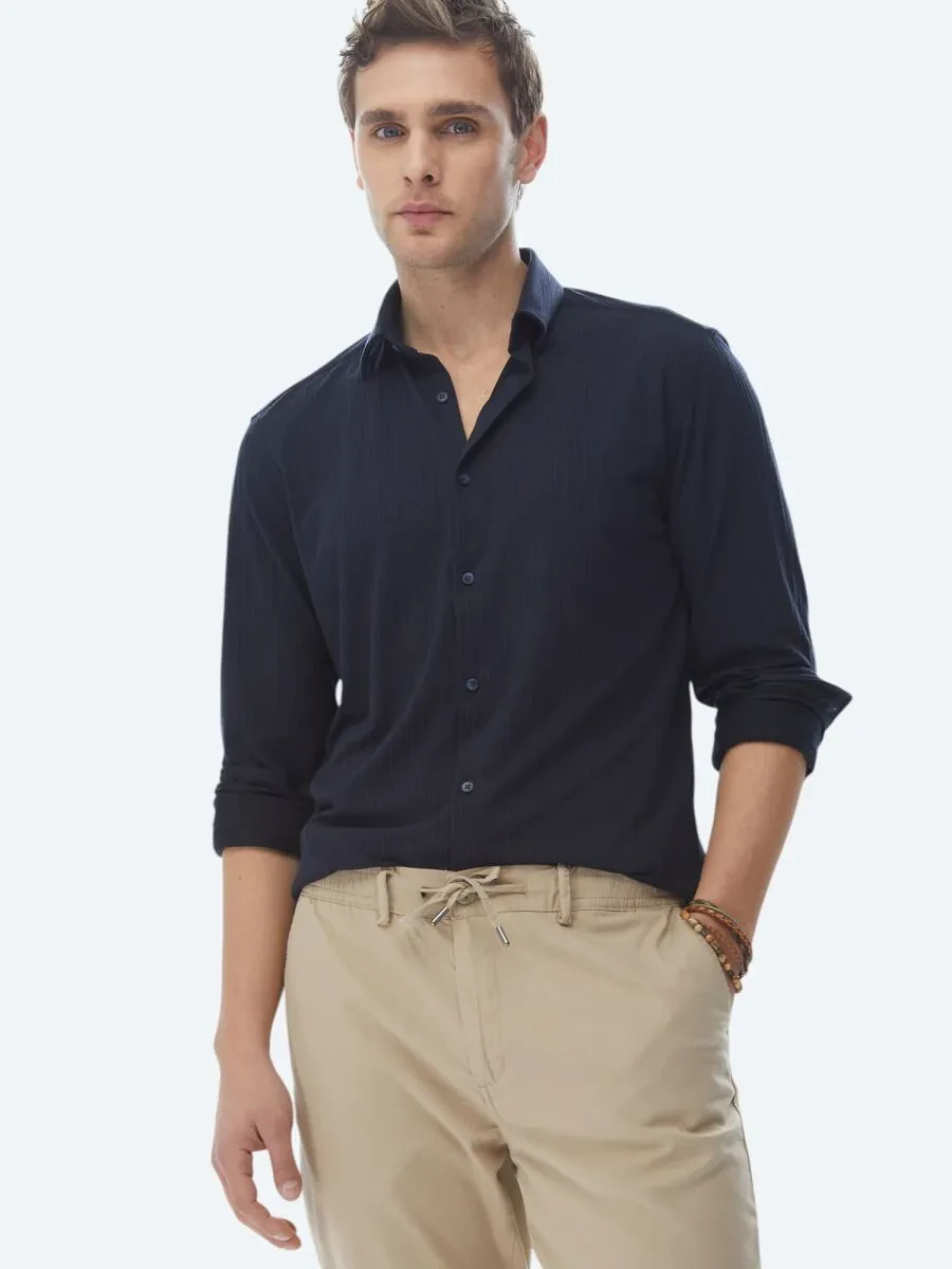 Navy Blue Slim Fit Knitting Sport Shirt - 2