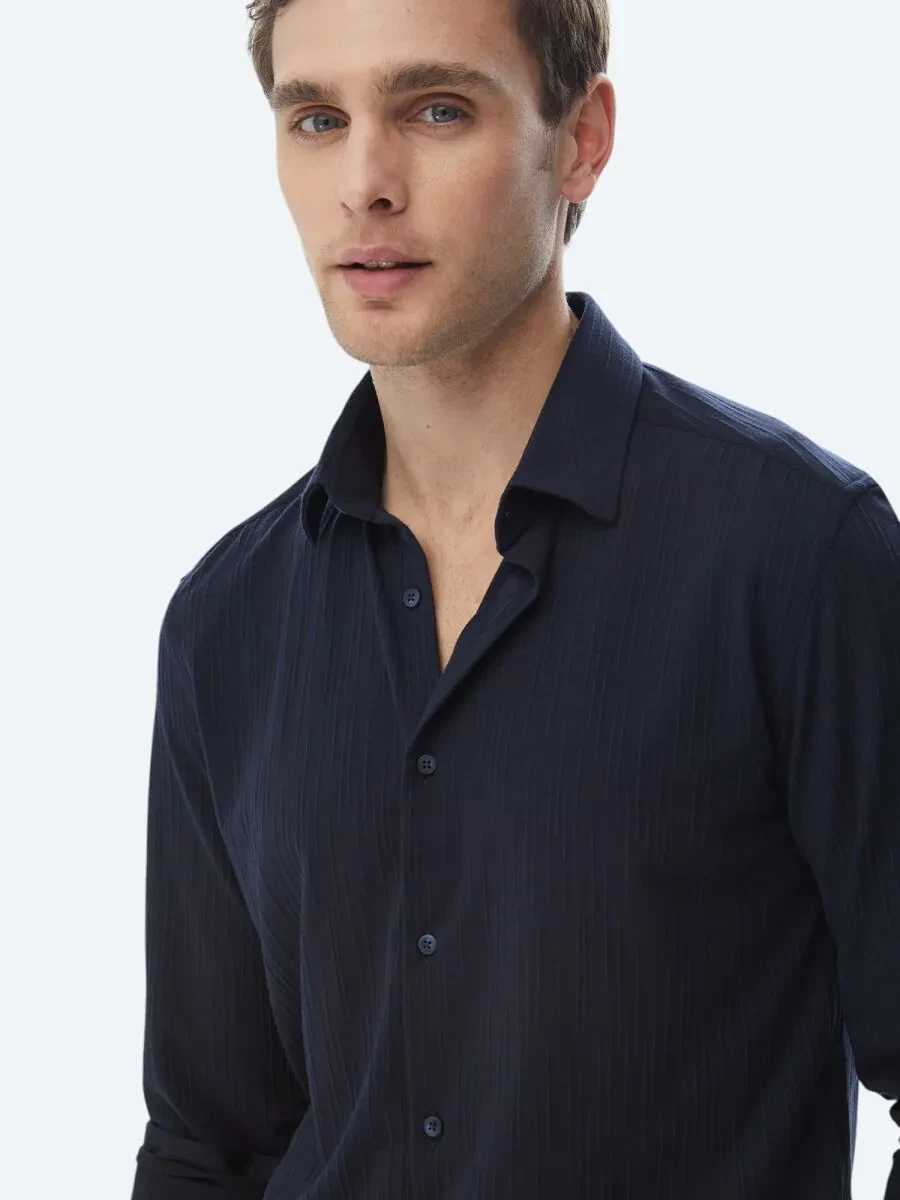 Navy Blue Slim Fit Knitting Sport Shirt - 4