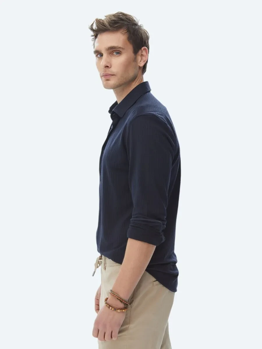 Navy Blue Slim Fit Knitting Sport Shirt - 6