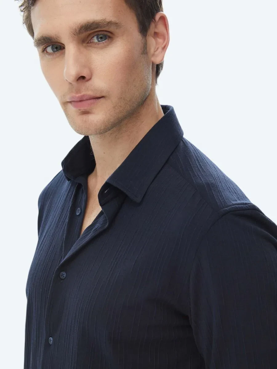 Navy Blue Slim Fit Knitting Sport Shirt - 7