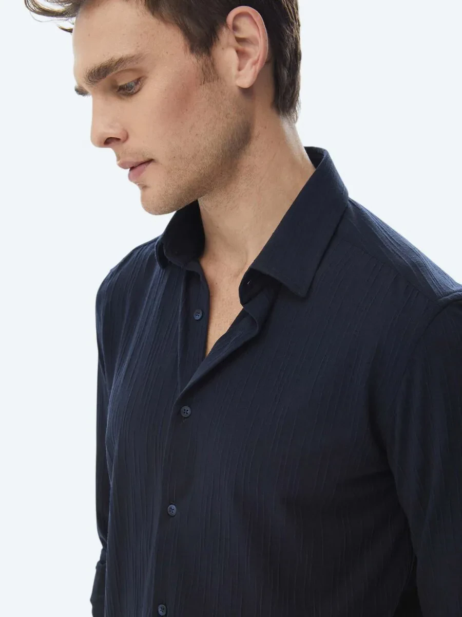 Navy Blue Slim Fit Knitting Sport Shirt - 8