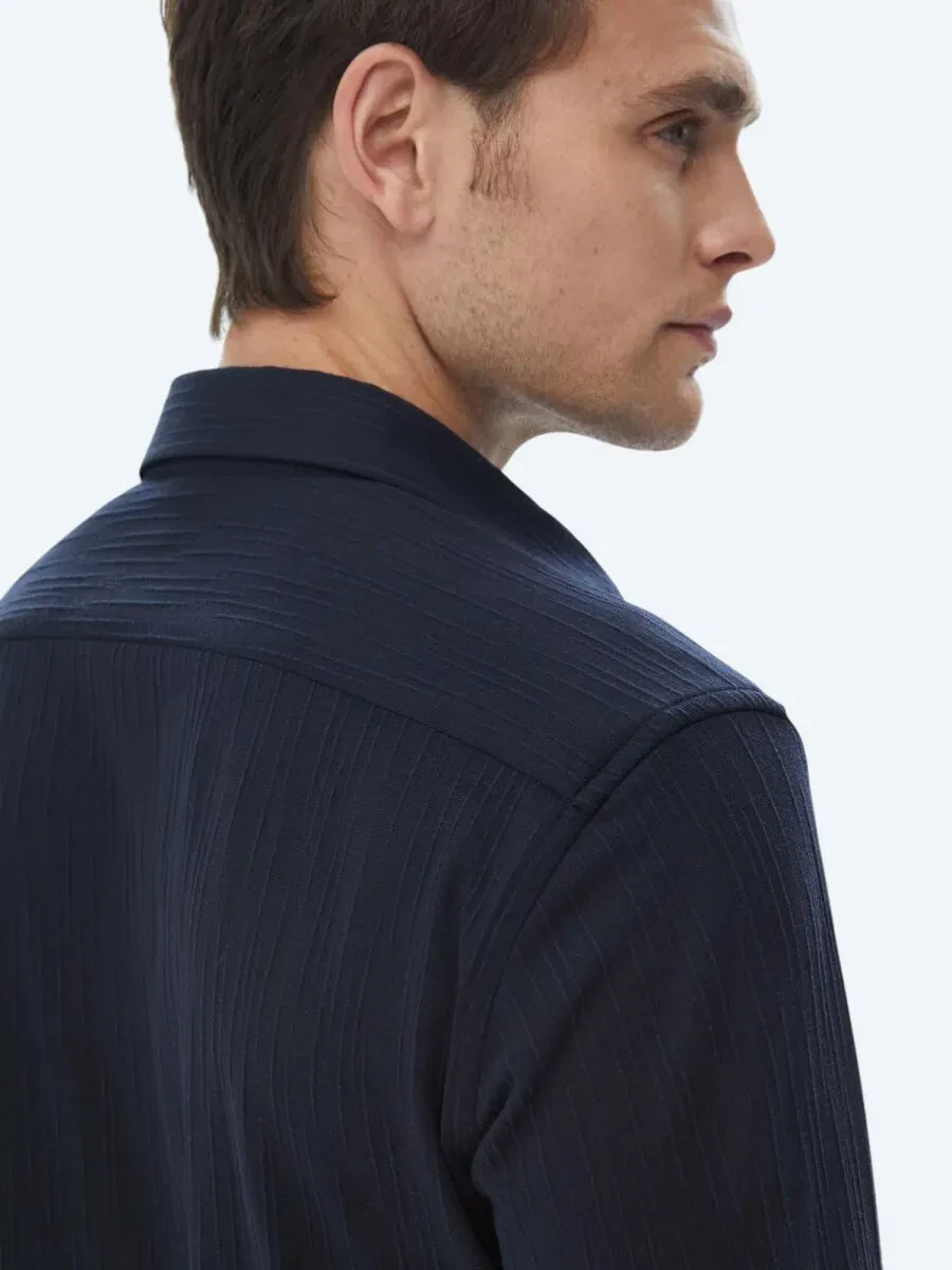 Navy Blue Slim Fit Knitting Sport Shirt - 9