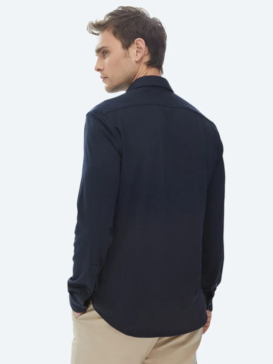 Navy Blue Slim Fit Knitting Sport Shirt - 11