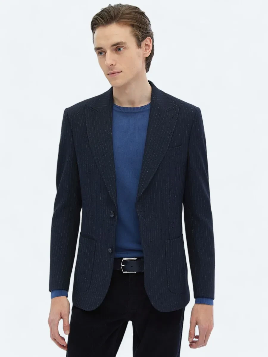 Navy Blue Striped Comfort Fit Jacket - 1