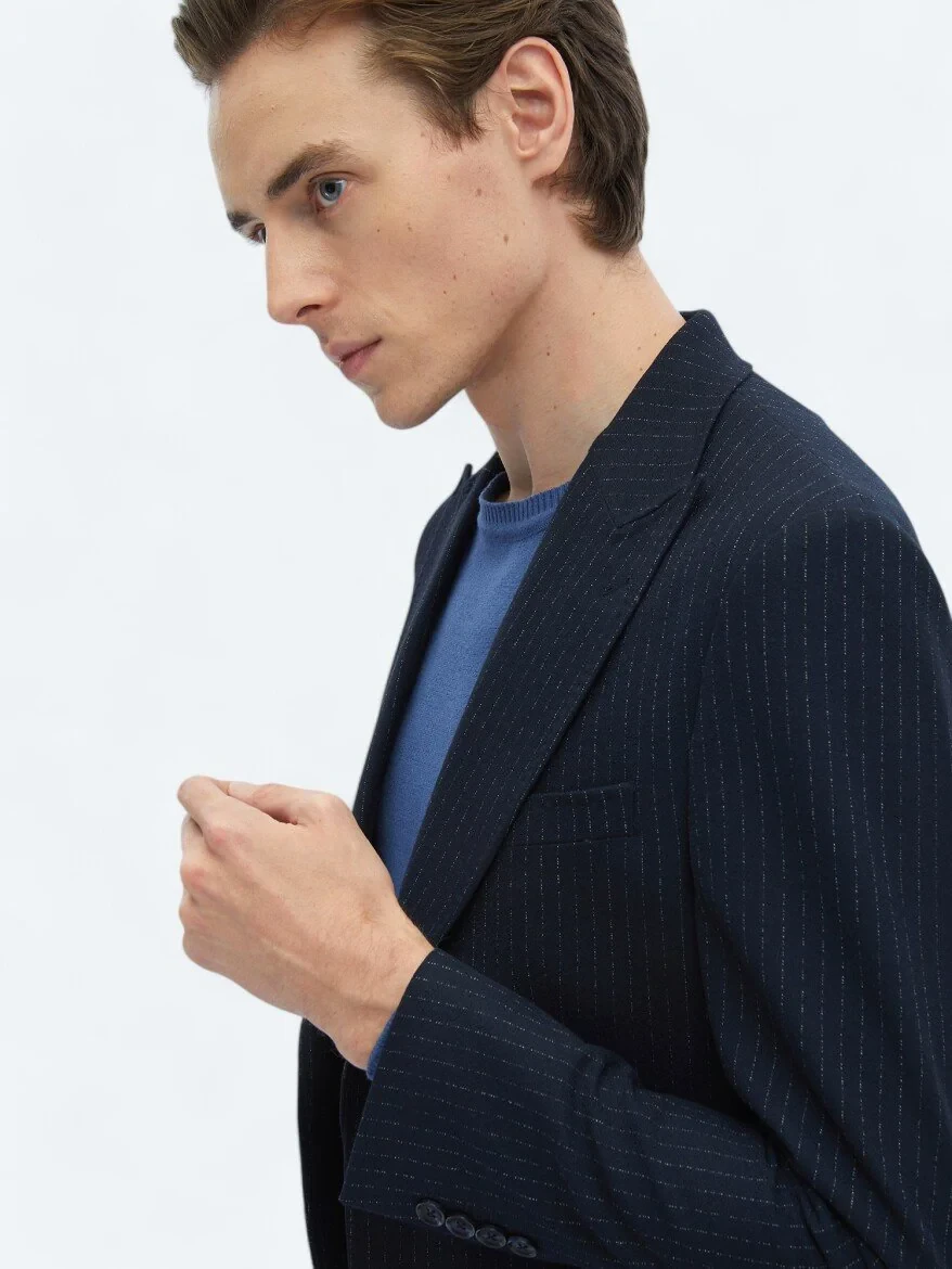 Navy Blue Striped Comfort Fit Jacket - 4