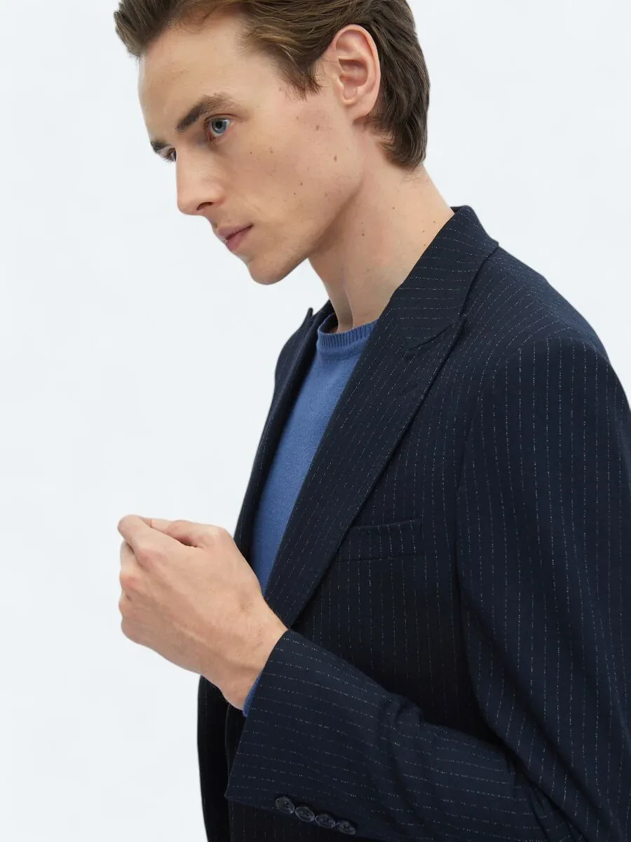 Navy Blue Striped Comfort Fit Jacket - 4
