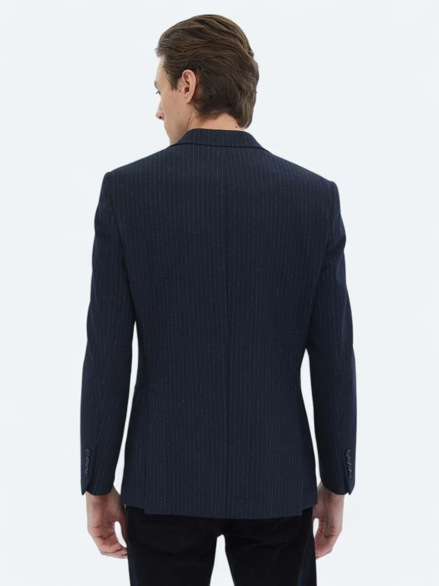 Navy Blue Striped Comfort Fit Jacket - 6