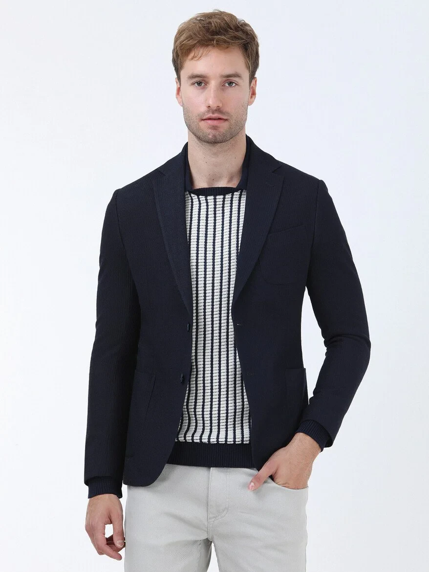 Navy Blue Striped Modern Fit Jacket - 1