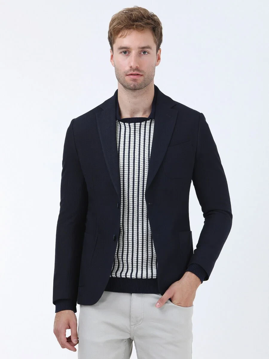 Navy Blue Striped Modern Fit Jacket - 1